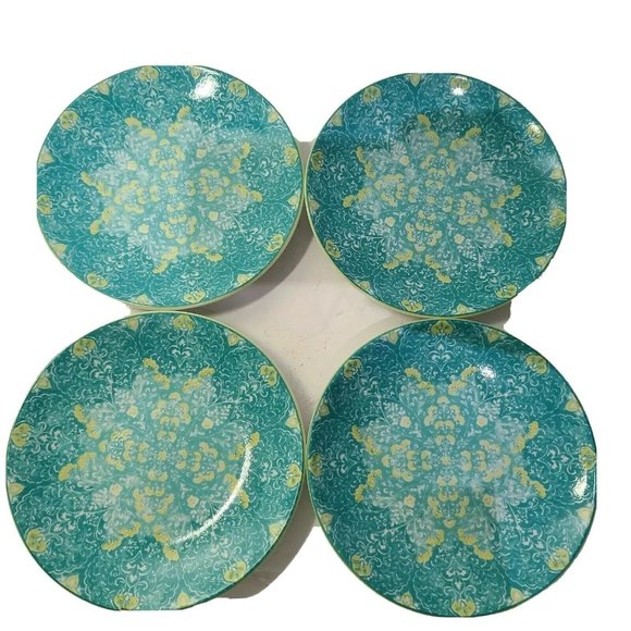 222 Fifth set (4) plates EVA TEAL Appetizer Dessert snack 6 1/4" porcelain new